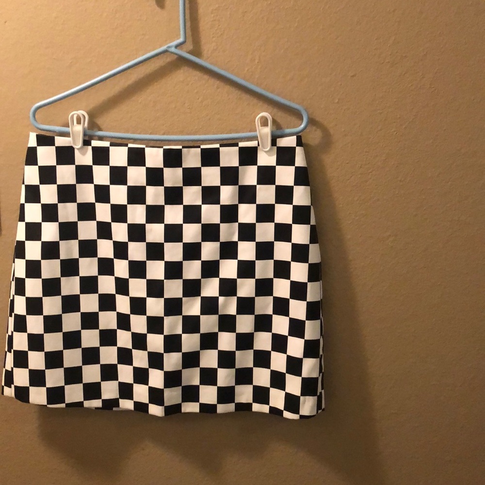 Black and white checkered pleather mini skirt